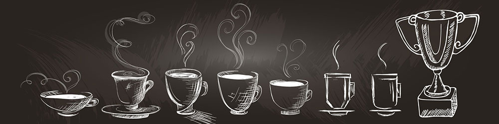 Chalk board drawing of multiple coffee cups transitioning into a trophy award.